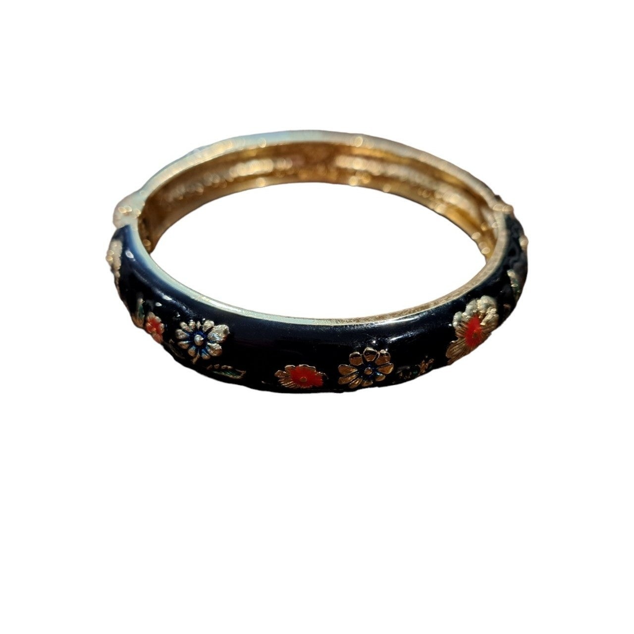 Jiu Long Xing Cloisonne Hinged Floral Bracelet Black Enamel Cuff Bangle Size 7